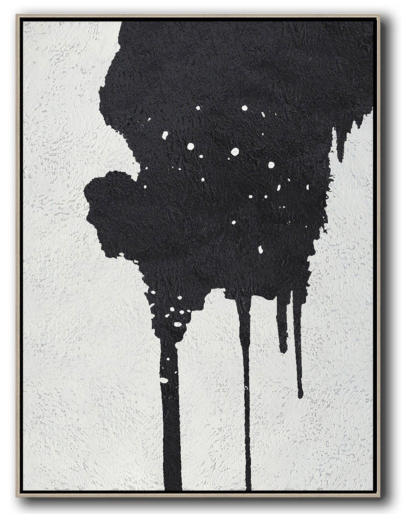Hand-Painted Black And White Minimalist Painting On Canvas - Framed Art For Sale Bathroom Huge